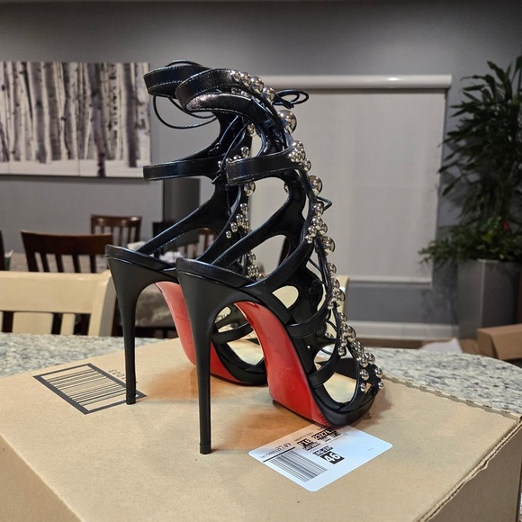 NEW Christian Louboutin Amazoubille Ghille Cage Black Studded Heels Size 7.5 - Picture 6 of 13